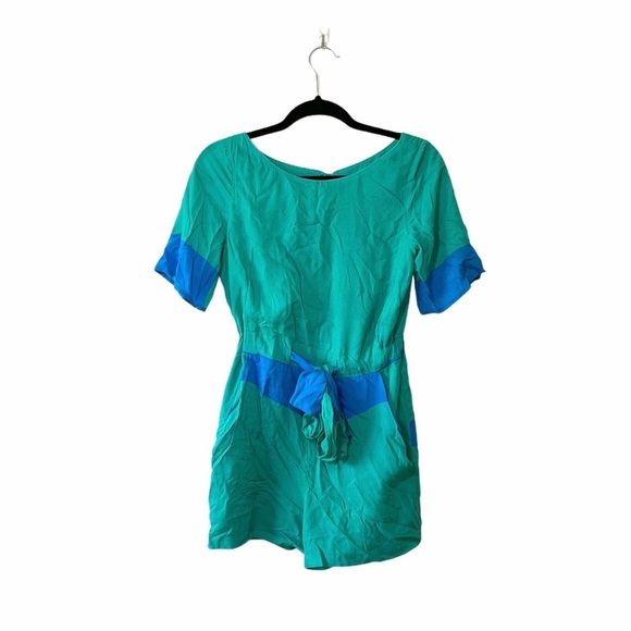 Cory Teal & Blue Tie Waist Open Button Back Short Sleeve Romper Sz XS - Picture 1 of 15